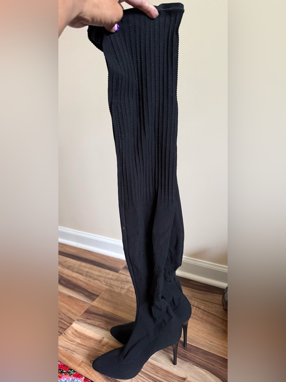 Donald J. Pliner Crepe Elastic Over the Knee Black Ribbed Boot
